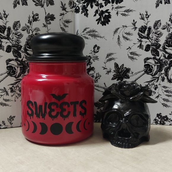 Red *SWEETS* Lunar Phase+Flying Bat Glass Cookie Jar | Creepy Gothic Home Decor - Picture 1 of 4